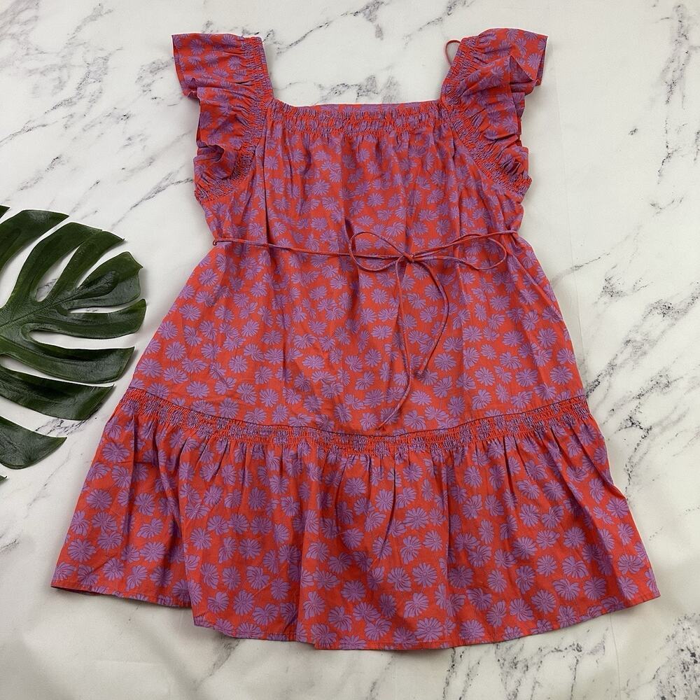 Gap Womens Floral Mini Dress Size XL Pink Purple Ruffle Flutter Sleeve Pockets